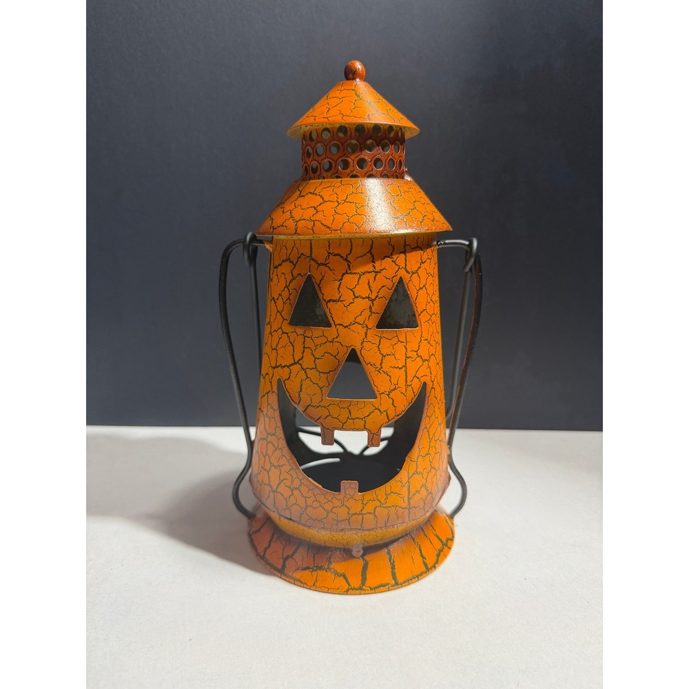 Halloween Orange Crackle Metal Jack-O-Lantern Candle Holder Lantern with Handle